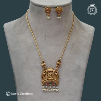 Traditional Matte Gold Goddess Lakshmi Square Pendant Chain Set with Earrings - JCNL909