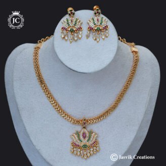 Microplated Gold Multi-Color Lotus Attikai Choker Necklace Set with Earrings - JCNL913