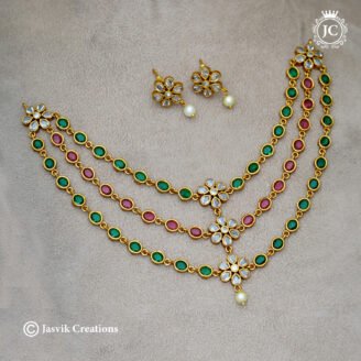 Antique Matte Gold 3-Layer Uncut Stone Multi-Color Step Necklace - JCNL914