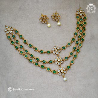 Antique Matte Gold 3-Layer Uncut Stone Emerald Green Step Necklace Set - JCNL915