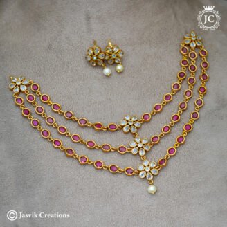 Antique Matte Gold 3-Layer Uncut Stone Ruby Red Step Necklace Set - JCNL916