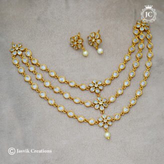 Antique Matte Gold 3-Layer Full White Uncut Stone Step Necklace Set - JCNL918