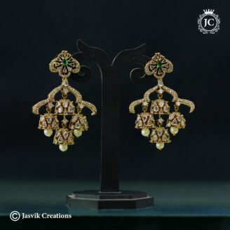 Premium 3-Tier Layered CZ Jhumka Earrings with Emerald Accents - JCER809