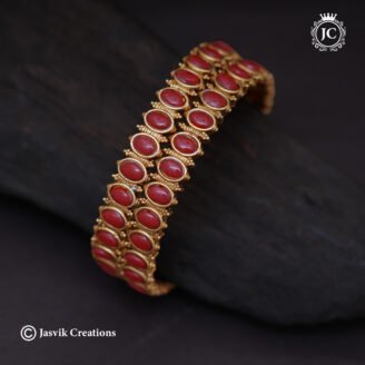 Matte Finish Red Coral Oval Cabochon Bangle - JCBN011