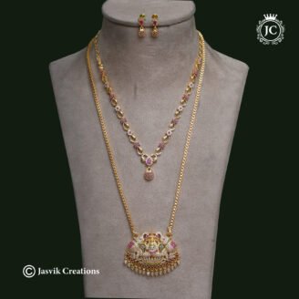 Traditional Gajalakshmi AD Stone Long Haram & Short Necklace Combo Set - JCCM042