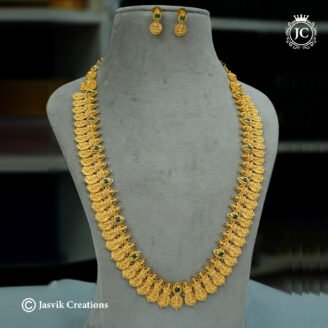Gold-Finish Lakshmi Kasu Haram with Green & Ruby Stone - JCHM043