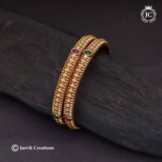 Antique Matte Gold Bangle Pair with Ruby & Emerald Stones - JCBN169
