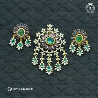 Royal Uncut CZ Floral Medallion Pendant Set with Matching Earrings - JCPT179