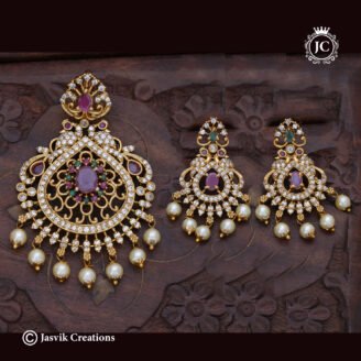 Antique Finish AD Stone Floral Pendant Set with Pearl Drops - JCPT180