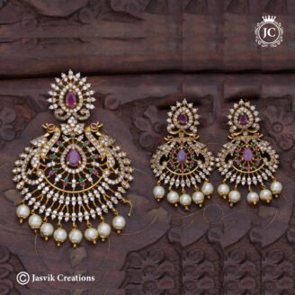 Antique Finish AD Stone Peacock Motif Pendant Set with Pearl Drops - JCPT181