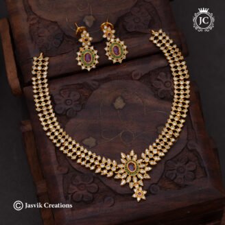 Premium AD Stone 3 Layer Necklace with Floral Ruby Pendant - JCNL181