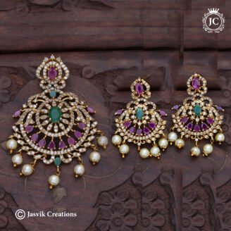 Antique Multi-Colour AD Stone  Pendant Set with Pearl Drops - JCPT182