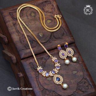 Royal Gold Plated Purple & Sapphire Blue AD Stone Necklace with Pearl Drops -  JCHM246