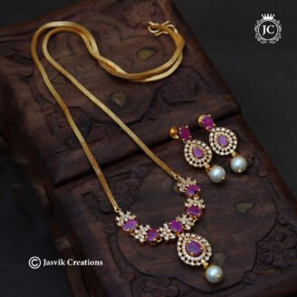 Gold Plated Ruby Pink AD Stone Mid Haram with Pearl Drop  - JCHM247