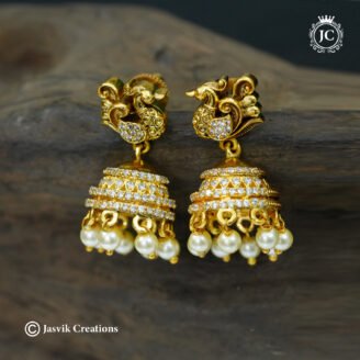 Premium Antique Gold Plated Peacock AD Jhumka with Pearl Drops - JCER288