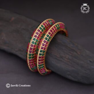 Matte Finish Dual-Row Ruby & Emerald Kemp Bangle - JCBN289