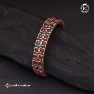 Matte Finish Square Ruby & Green Kemp Stone Bangle - JCBN292