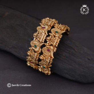 Matte Finish Antique Goddess Lakshmi & Peacock Bangle - JCBN294