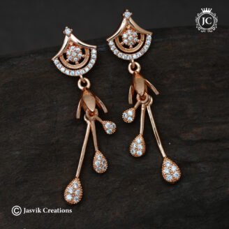 Rose Gold Fan Motif Drop Earrings with CZ Teardrops -  JCRG076