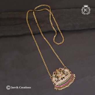 AD Stone Gajalakshmi Pendant Long Haram with Gobi Chain - JCCH782