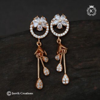 Rose Gold Circular Floral Stud Drop Earrings with CZ Teardrops- JCRG081