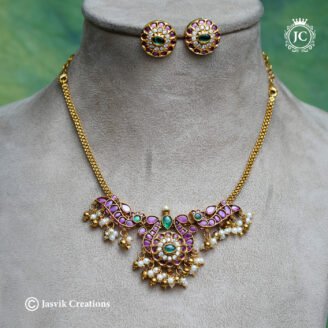 Elegant Matte Gold Peacock Kemp Necklace with Pearl & Gold Bead Drops - JCNL922