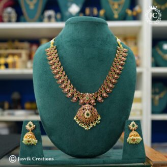 Premium Real Kemp Mango Pattern Necklace Set with Jhumkas - JCNL925