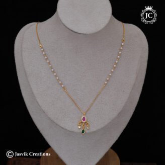 Dainty Ruby & Emerald CZ Pendant with Pearl Chain Necklace - JCNL934