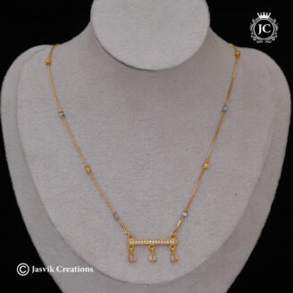 Micro Gold Finish Sleek CZ Bar Pendant Chain with Beads Necklace - JCNL936