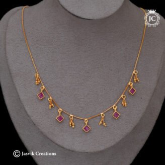 Delicate Ruby Square Charm Chain with Golden Bead Cluster Necklace - JCNL937
