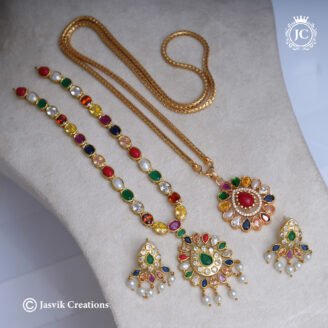 Micro Plated Navaratna Double Chain Combo Set with Earrings - JCCM023