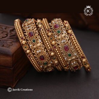 Matte Gold Kemp & Emerald Studded Bangle Combo - JCBN346