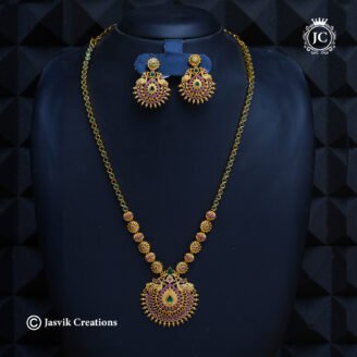 Premium Antique Matte Gold Haram Set with Emerald Green & Ruby Pink Stones - JCHM019