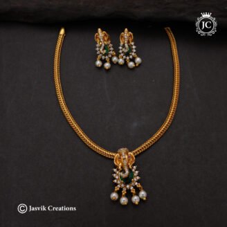 Divine Vinayagar Gold-Plated CZ & Emerald Pendant Necklace - JCNL002