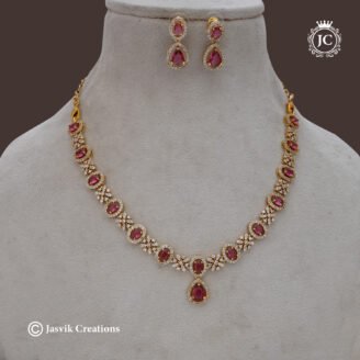 remium AD & Ruby-Red Stone Floral Choker Set with Teardrop Earrings - JCNL046