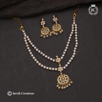 Matte Finish 2-Layer White Stone Attigai Necklace Set with Pearl Drops - JCNL106