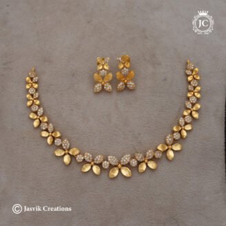 Matte Finish Gold & Pave CZ Floral Cluster Short Necklace - JCNL112