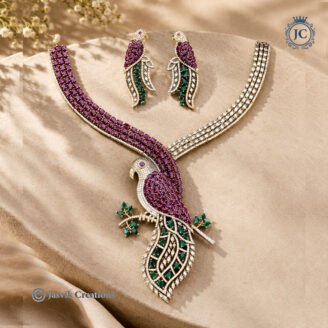 Premium Dual-Tone Ruby & Emerald CZ Parrot Statement Necklace - JCNL013