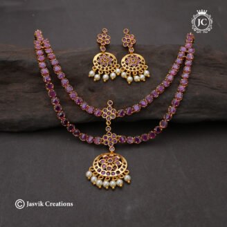 Traditional Matte Gold 2-Layer Ruby Kemp Necklace with Pearl Drops - JCNL150