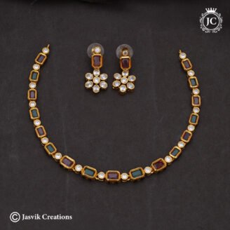 Vibrant Multi-Color Stone & CZ Delicate Necklace with Floral Earrings - JCNL016