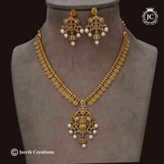 Premium Antique Lakshmi Kasu Necklace with CZ & Pearl Accents- JCNL191