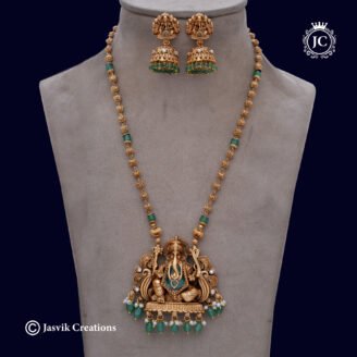 Matte Finish Lord Ganesha Mid-Haram Set with Green Beads - JCHM195