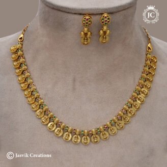 Premium Antique Lakshmi Kasu Coin Necklace Set with Kemp Accents - JCNL210