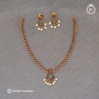 Traditional Real Kemp Mango Design Necklace with Pearls- JCNL231