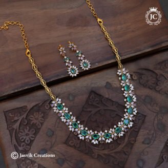 Premium Uncut Emerald & Blush Pink CZ Floral Necklace - JCNL242