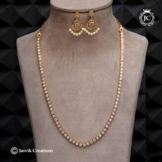 Gold-Plated White AD Stone Single-Line Haram Set with Pearl Drop Earrings - JCHM252