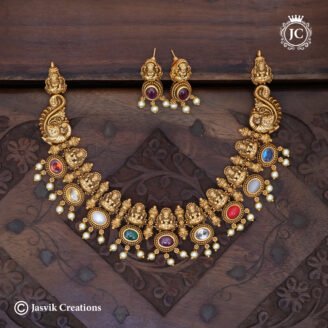 Premium Navarathna Antique Gold Necklace with Goddess Lakshmi Motifs - JCNL261