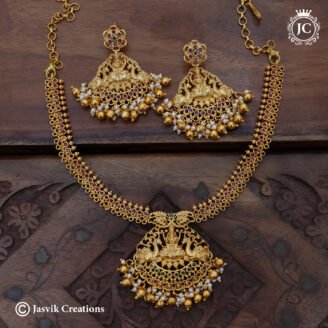 Premium Antique Goddess Lakshmi & Peacock Pendant Necklace - JCNL280