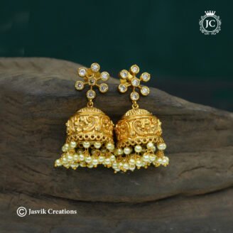 AD Studded Floral Nakshi Jhumkas with Pearl Clusters - JCER290