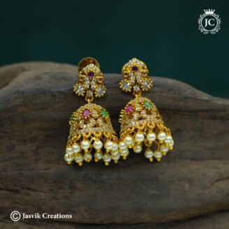 Antique AD Multi-Stone Jhumkas with Pearl Drops - JCER291